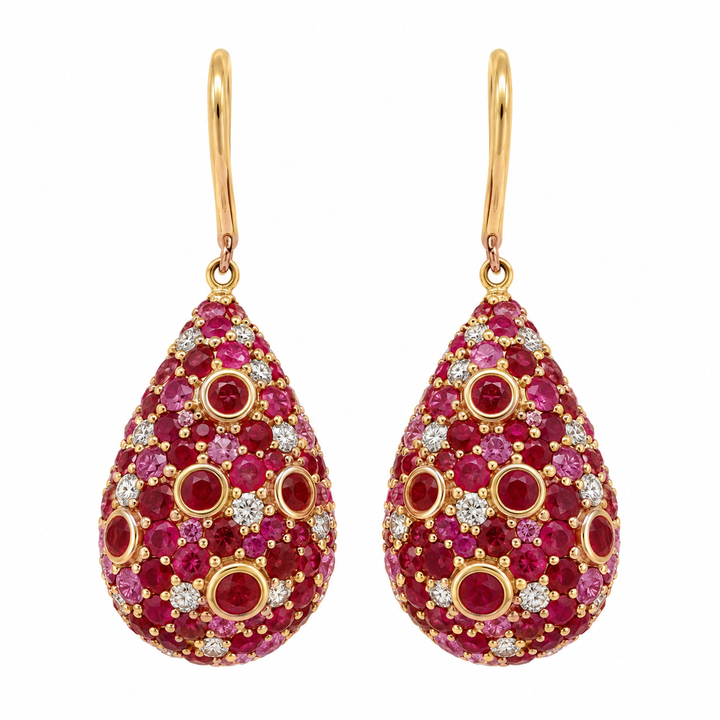 Pre-Owned Robert Sparks 17 CTW Ruby &amp; Pink Sapphire and 0.70 CTW Diamond 14K Yellow Gold Teardrop Earrings