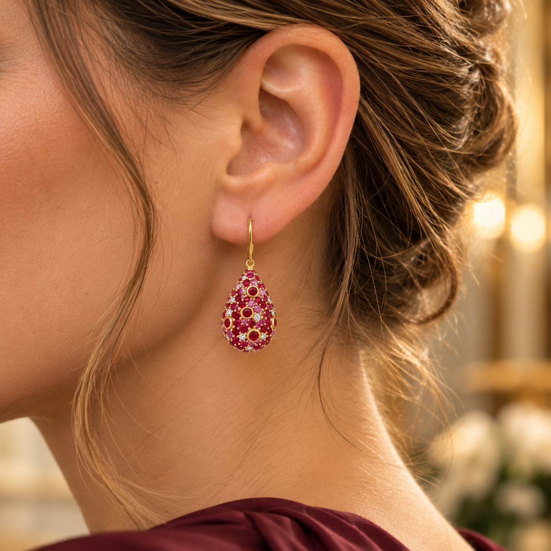 Pre-Owned Robert Sparks 17 CTW Ruby &amp; Pink Sapphire and 0.70 CTW Diamond 14K Yellow Gold Teardrop Earrings