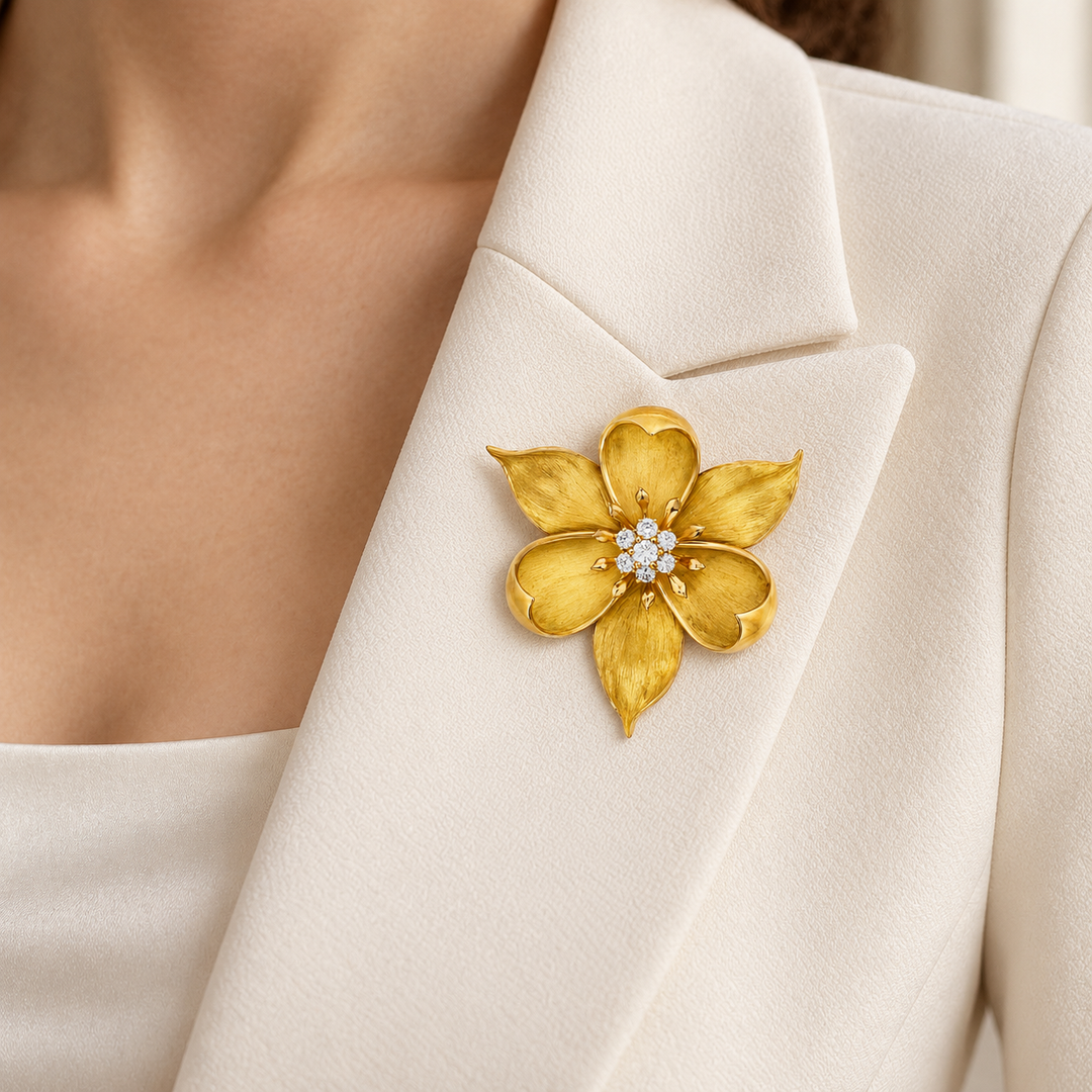 Pre-Owned Tiffany &amp; Co. 0.80 CTW Diamond 18K Yellow Gold Floral Brooch Pin