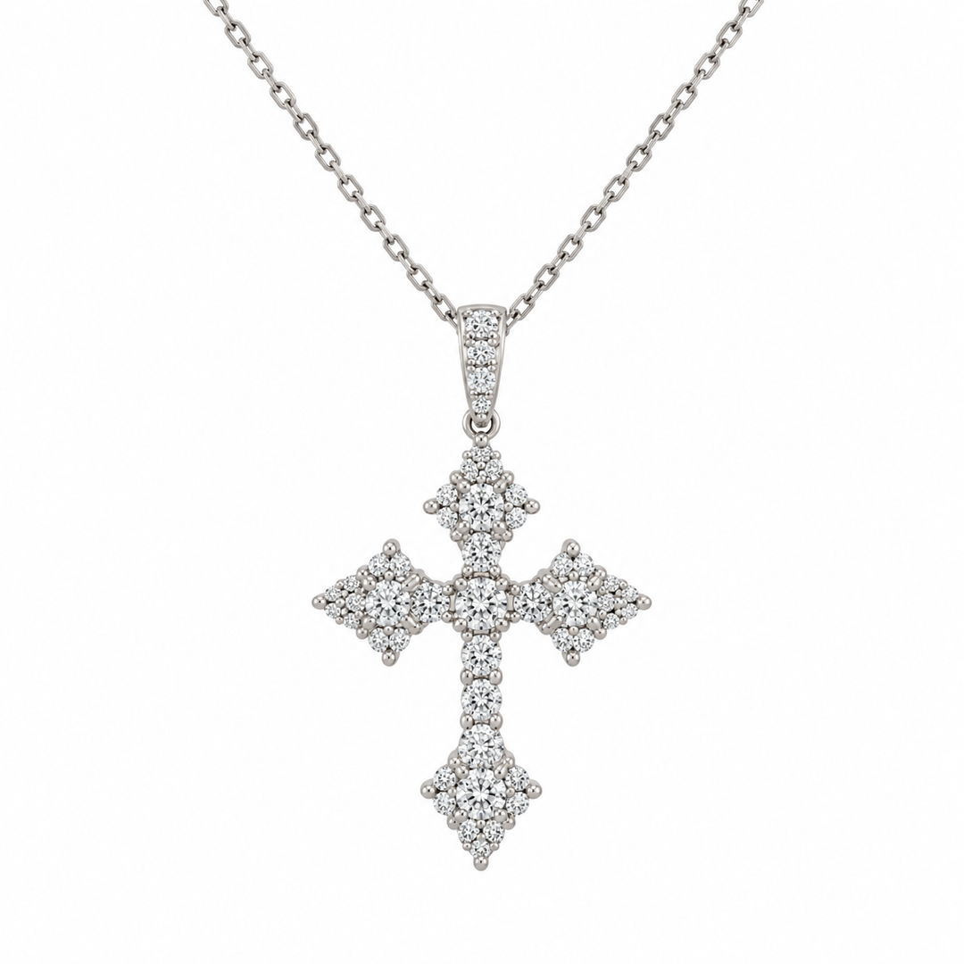 0.84 CTW Diamond 18K White Gold Gothic Cross Pendant Necklace