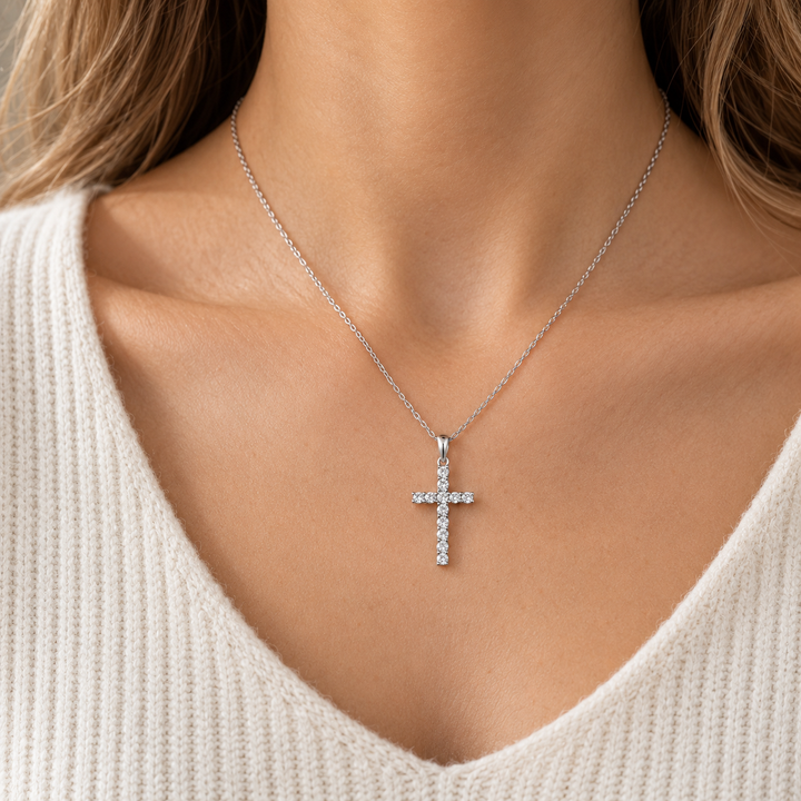 0.69 CTW Diamond 18K White Gold Cross Pendant Necklace