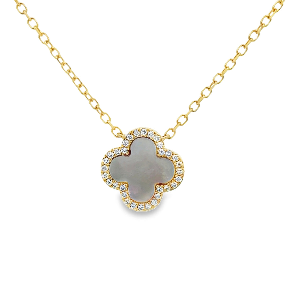 0.09 CTW Diamond and Mother of Pearl 14K Yellow Gold Clover Pendant Necklace