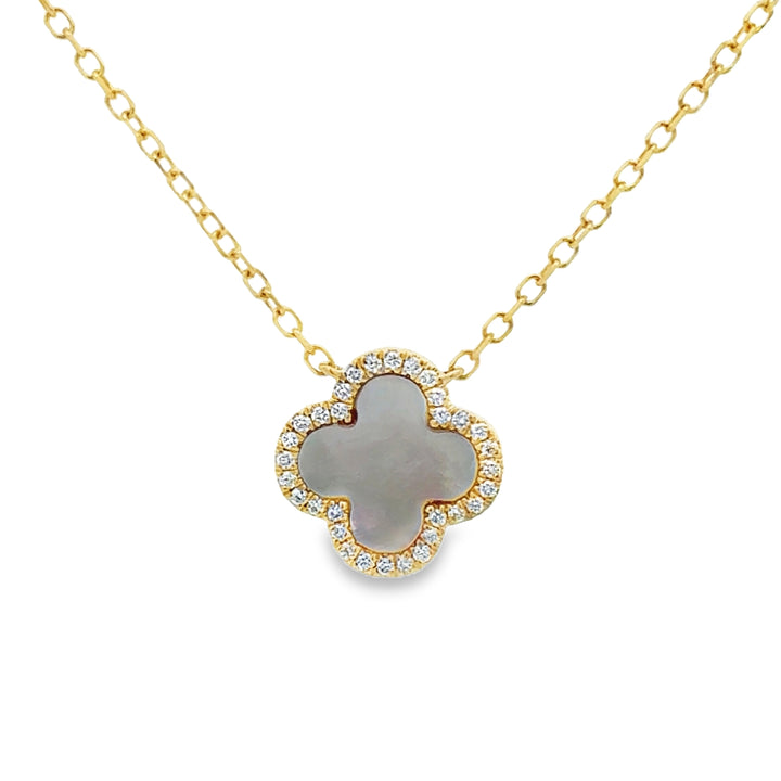 0.09 CTW Diamond and Mother of Pearl 14K Yellow Gold Clover Pendant Necklace