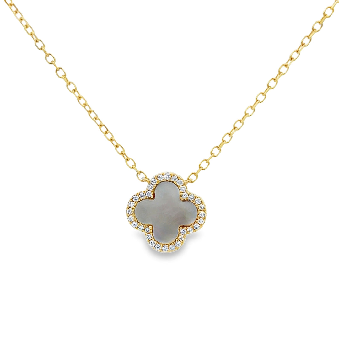 0.09 CTW Diamond and Mother of Pearl 14K Yellow Gold Clover Pendant Necklace