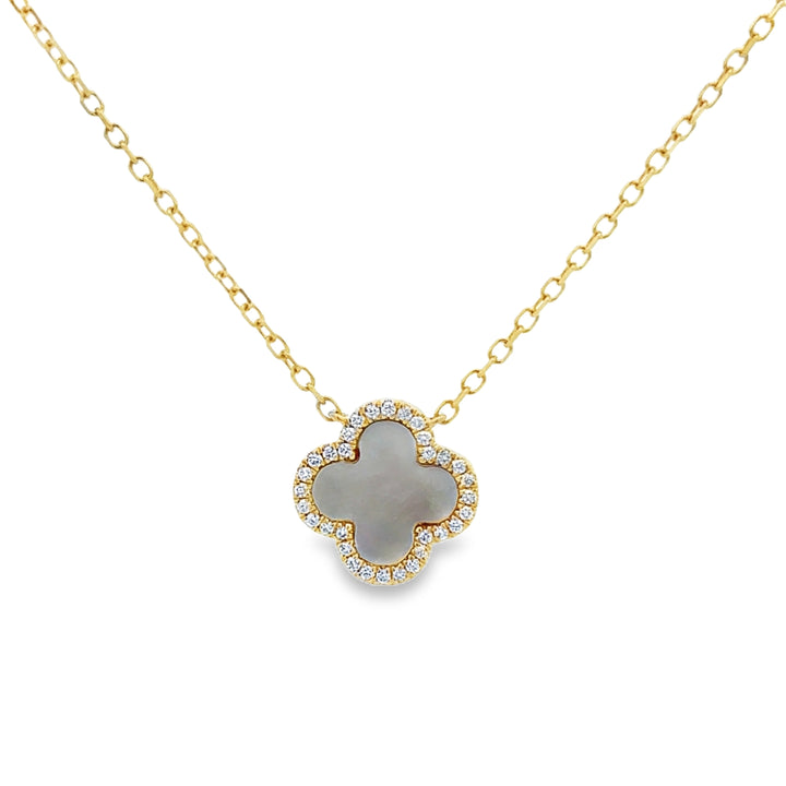 0.09 CTW Diamond and Mother of Pearl 14K Yellow Gold Clover Pendant Necklace