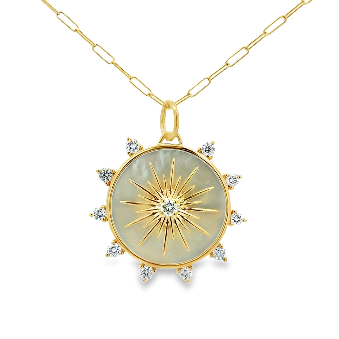 0.44 CTW Diamond and Mother of Pearl 14K Yellow Gold Compass Medallion Necklace