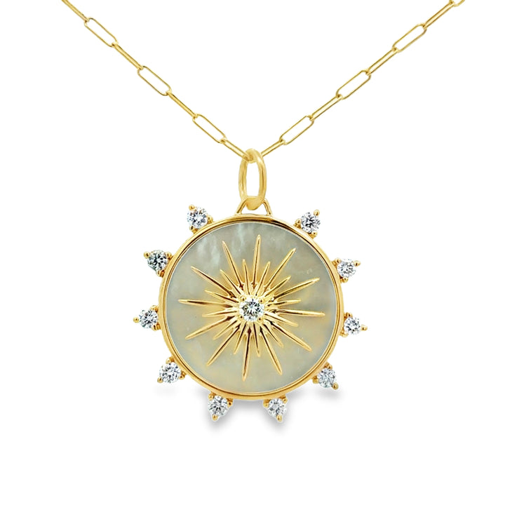 0.44 CTW Diamond and Mother of Pearl 14K Yellow Gold Compass Medallion Necklace
