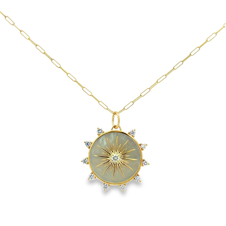 0.44 CTW Diamond and Mother of Pearl 14K Yellow Gold Compass Medallion Necklace