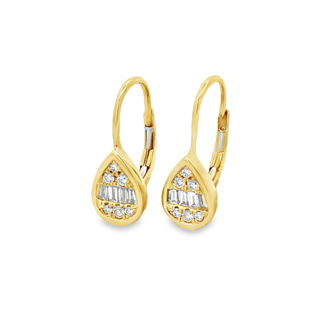 0.30 CTW Round and Baguette Diamond 14K Yellow Gold Pear Shape Drop Earrings