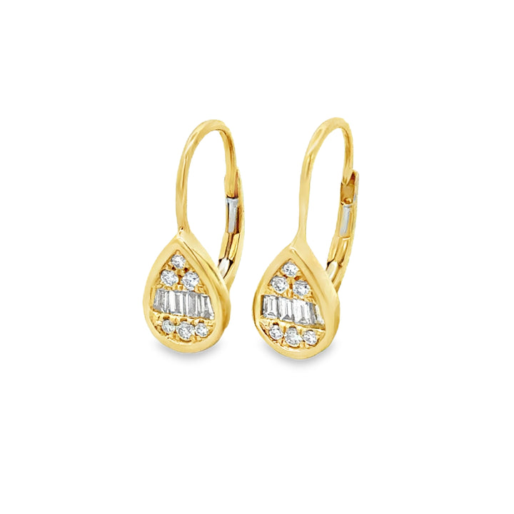 0.30 CTW Round and Baguette Diamond 14K Yellow Gold Pear Shape Drop Earrings