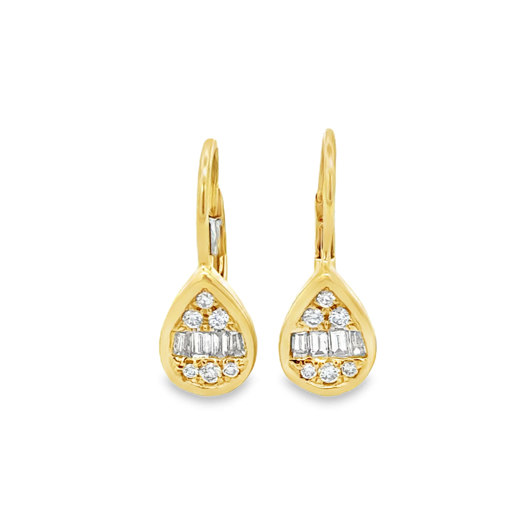 0.30 CTW Round and Baguette Diamond 14K Yellow Gold Pear Shape Drop Earrings