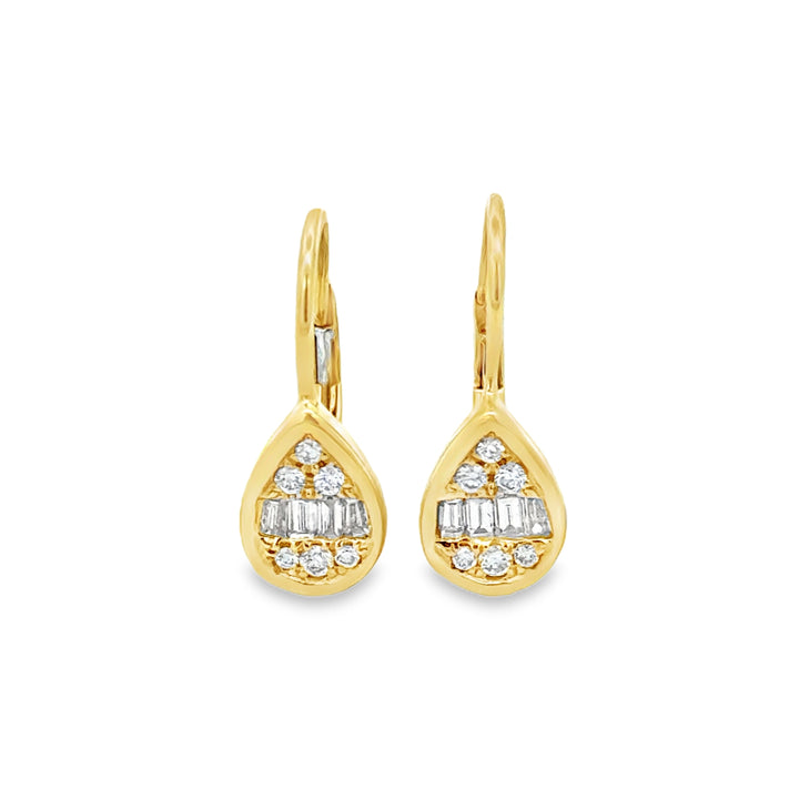 0.30 CTW Round and Baguette Diamond 14K Yellow Gold Pear Shape Drop Earrings