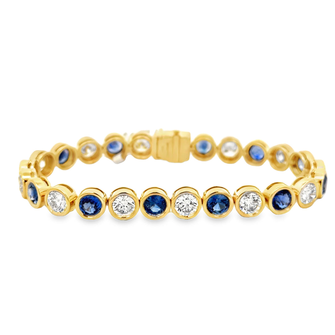 9.20 CTW Diamond and 9.50 CTW Sapphire 14K Yellow Gold Bezel Set Tennis Bracelet