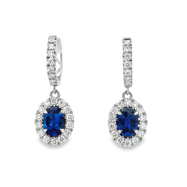 2.03 CTW Sapphire & 0.85 CTW Diamond 14K White Gold Halo Drop Hoop Earrings