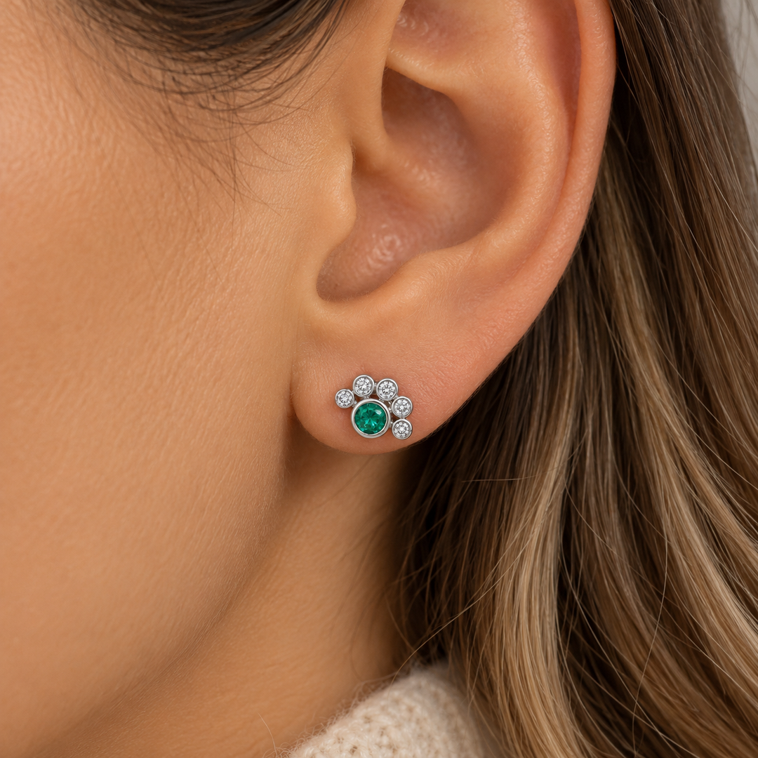 0.55 CT Emerald and 0.17 CTW Diamond 18K White Gold Cluster Stud Earrings