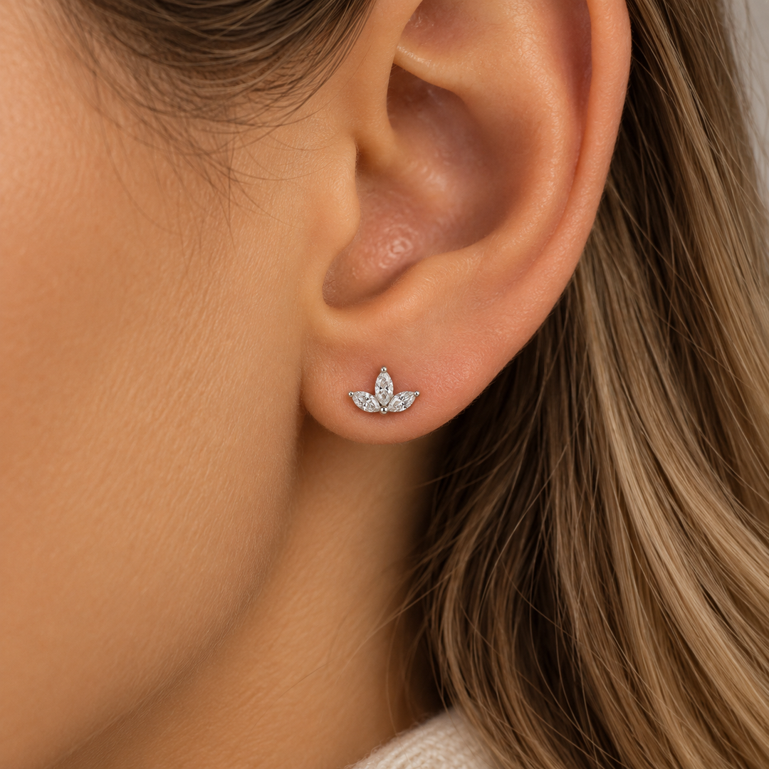 0.20 CTW Marquise Diamond 14K White Gold Three-Stone Fan Stud Earrings