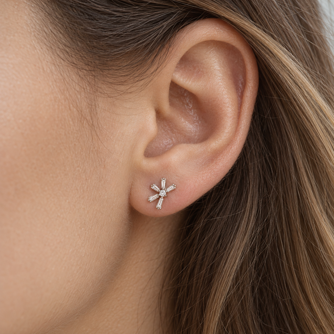 0.20 CTW Diamond 14K White Gold Baguette Starburst Stud Earrings