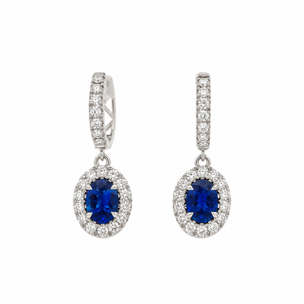 2.03 CTW Sapphire & 0.85 CTW Diamond 14K White Gold Halo Drop Hoop Earrings