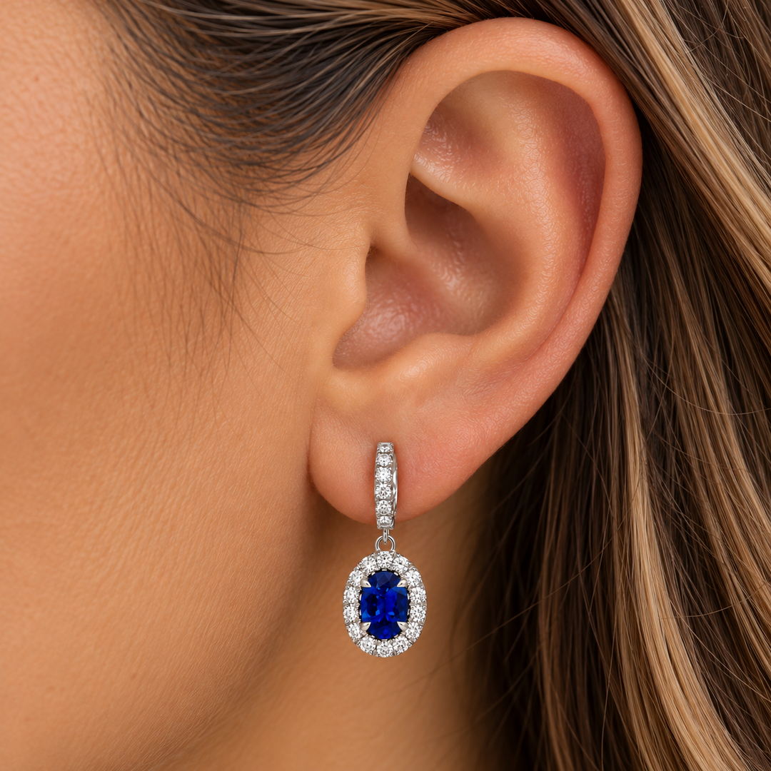 2.03 CTW Sapphire &amp; 0.85 CTW Diamond 14K White Gold Halo Drop Hoop Earrings