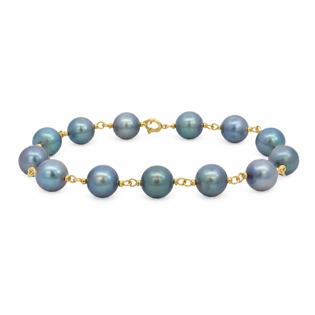 14K Yellow Gold Bluish Gray Pearl Chain Bracelet