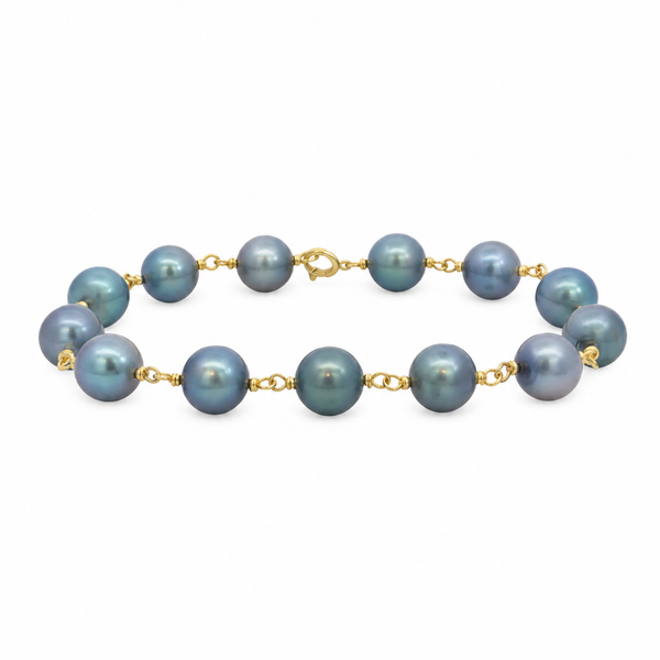 14K Yellow Gold Bluish Gray Pearl Chain Bracelet