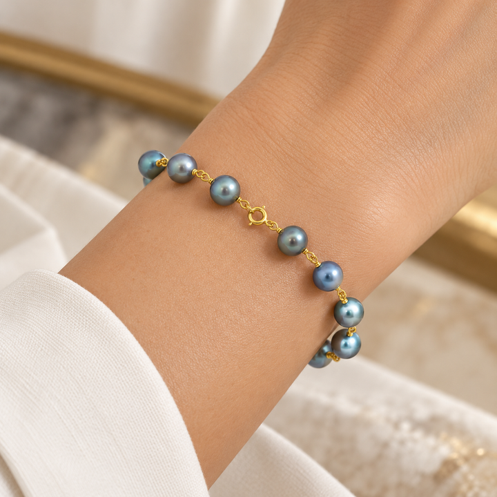 14K Yellow Gold Bluish Gray Pearl Chain Bracelet