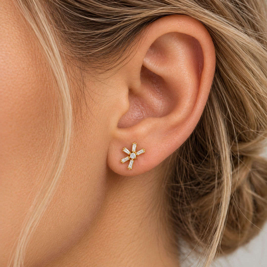 0.20 CTW Diamond Baguette Starburst Stud Earrings in 14K Yellow Gold