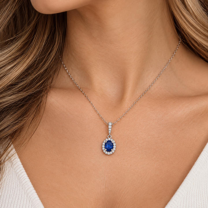 0.92 CT Oval Sapphire &amp; 0.30 CTW Diamond Halo Pendant Necklace in 14K White Gold