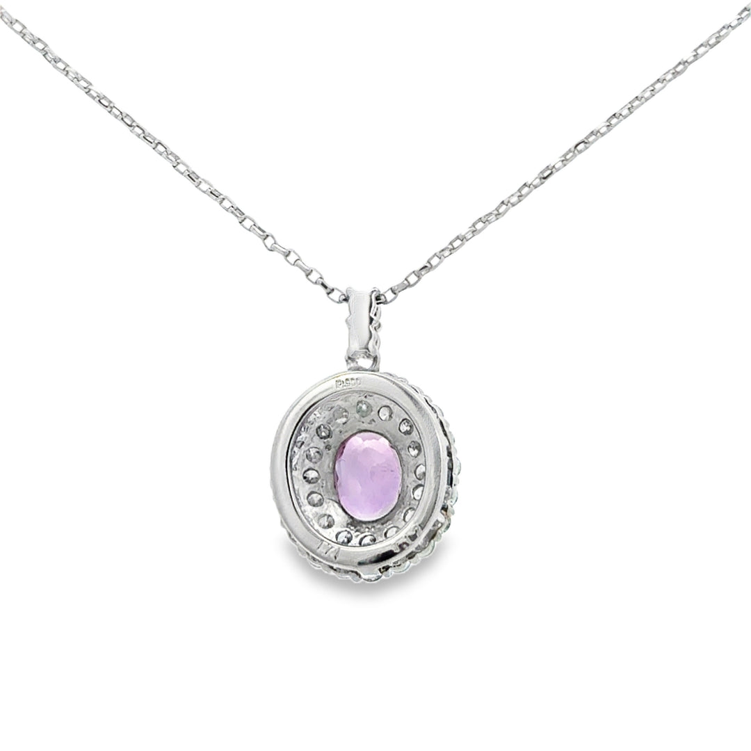 1.71 CT Pink Sapphire and 1.12 CTW Diamond Double Halo Pendant Necklace in Platinum