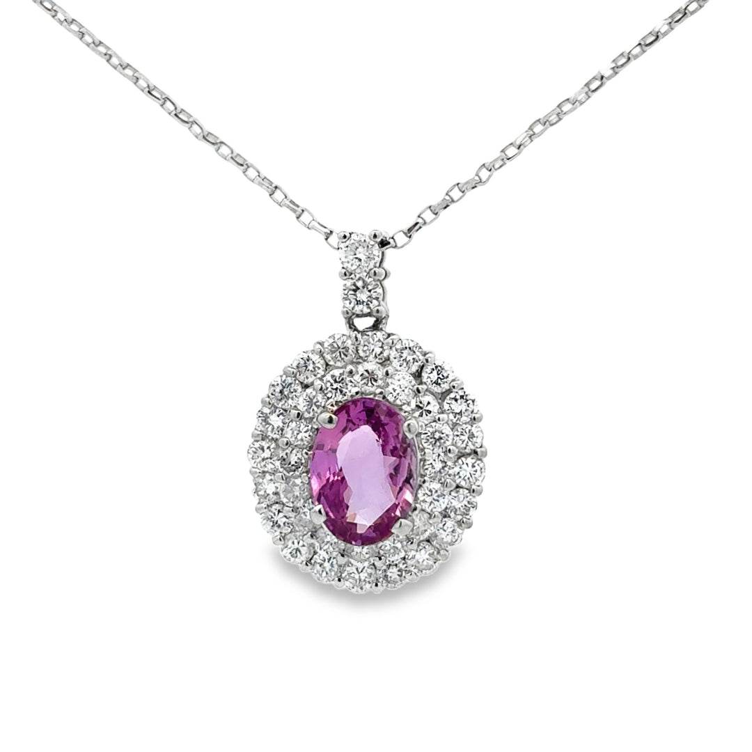 1.71 CT Pink Sapphire and 1.12 CTW Diamond Double Halo Pendant Necklace in Platinum