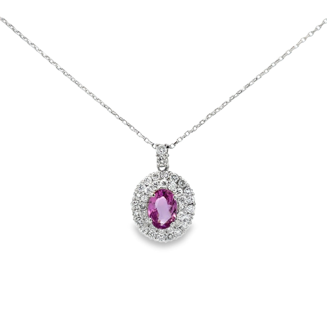 1.71 CT Pink Sapphire and 1.12 CTW Diamond Double Halo Pendant Necklace in Platinum