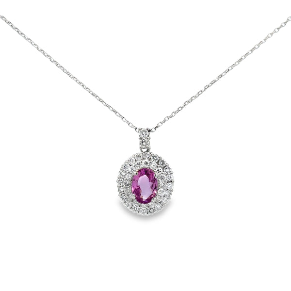 1.71 CT Pink Sapphire and 1.12 CTW Diamond Double Halo Pendant Necklace in Platinum
