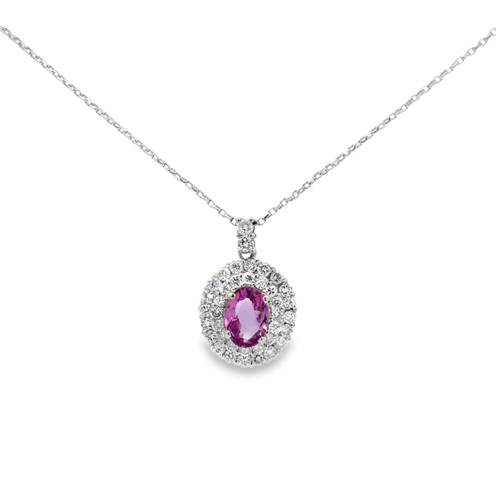 1.71 CT Pink Sapphire and 1.12 CTW Diamond Double Halo Pendant Necklace in Platinum