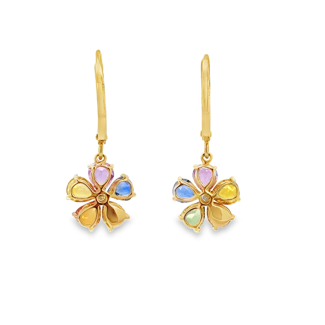 4.00 CTW Multicolored Sapphire and 0.03 CTW Diamond Flower Dangle Earrings in 14K Yellow Gold