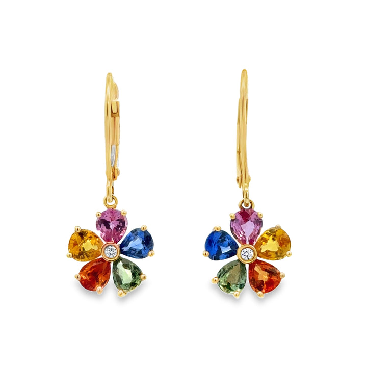 4.00 CTW Multicolored Sapphire and 0.03 CTW Diamond Flower Dangle Earrings in 14K Yellow Gold