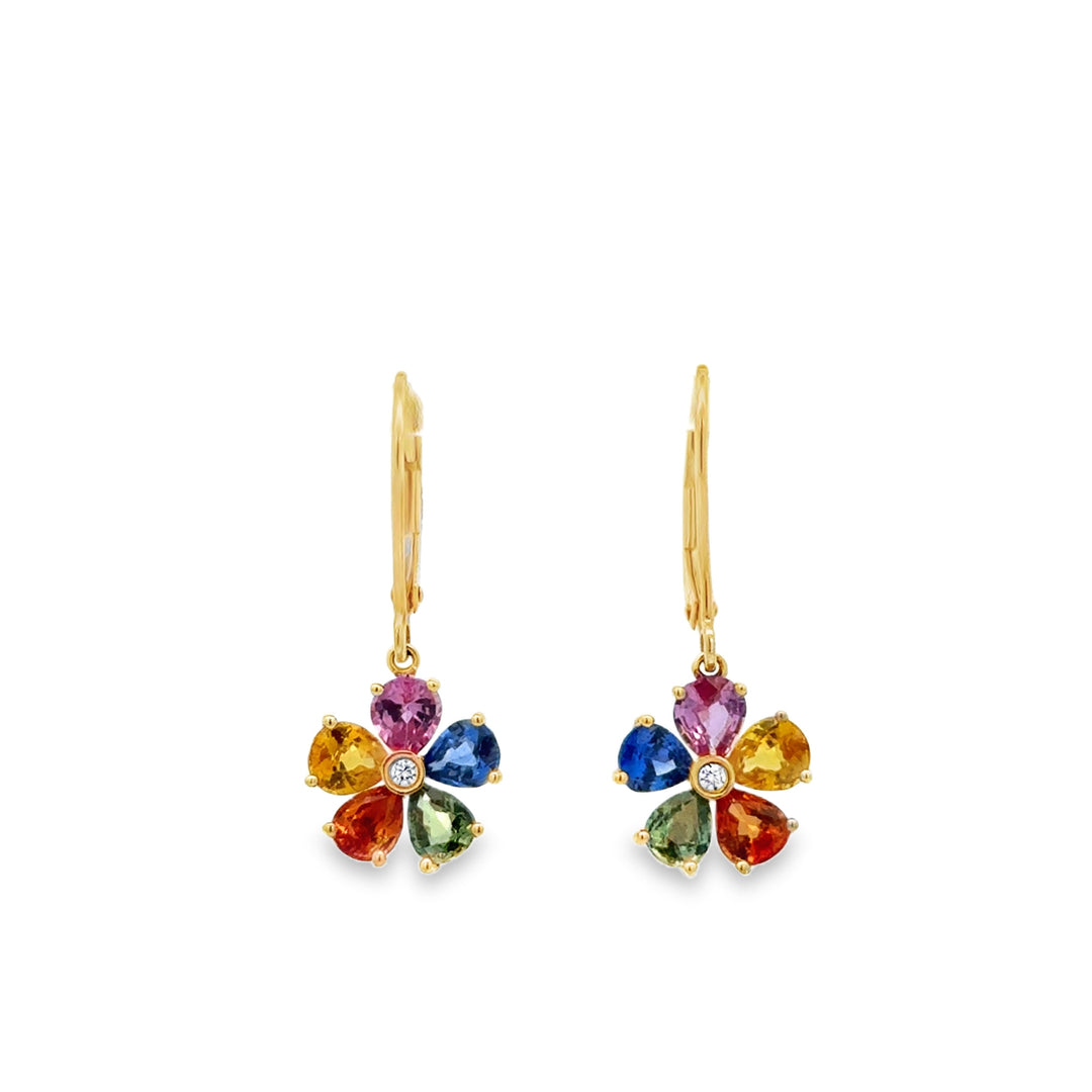 4.00 CTW Multicolored Sapphire and 0.03 CTW Diamond Flower Dangle Earrings in 14K Yellow Gold