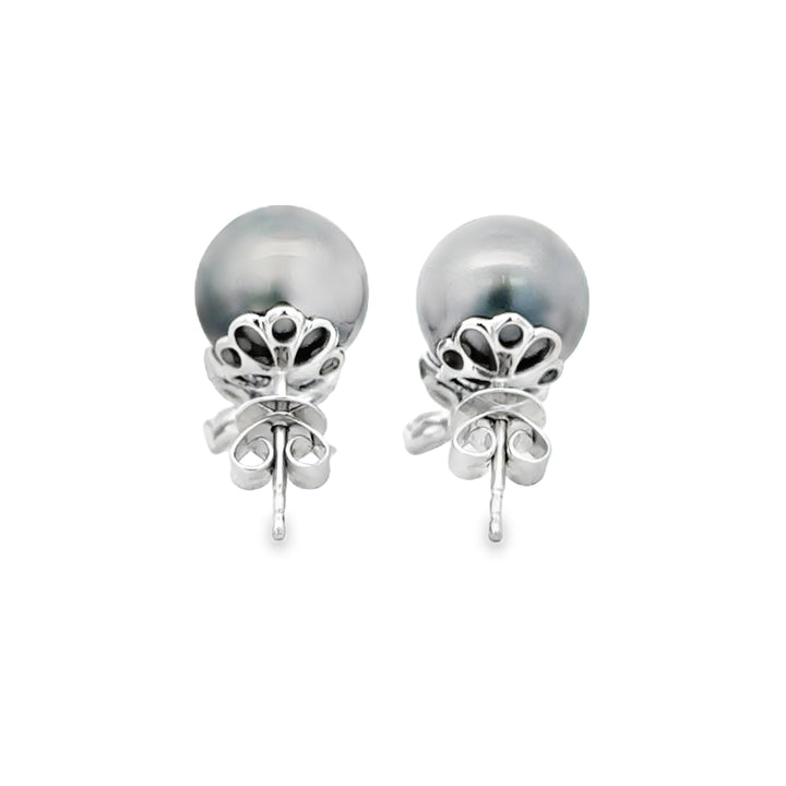 0.54 CTW Diamond and 11mm Black Tahitian Pearl Earrings in 18K White Gold