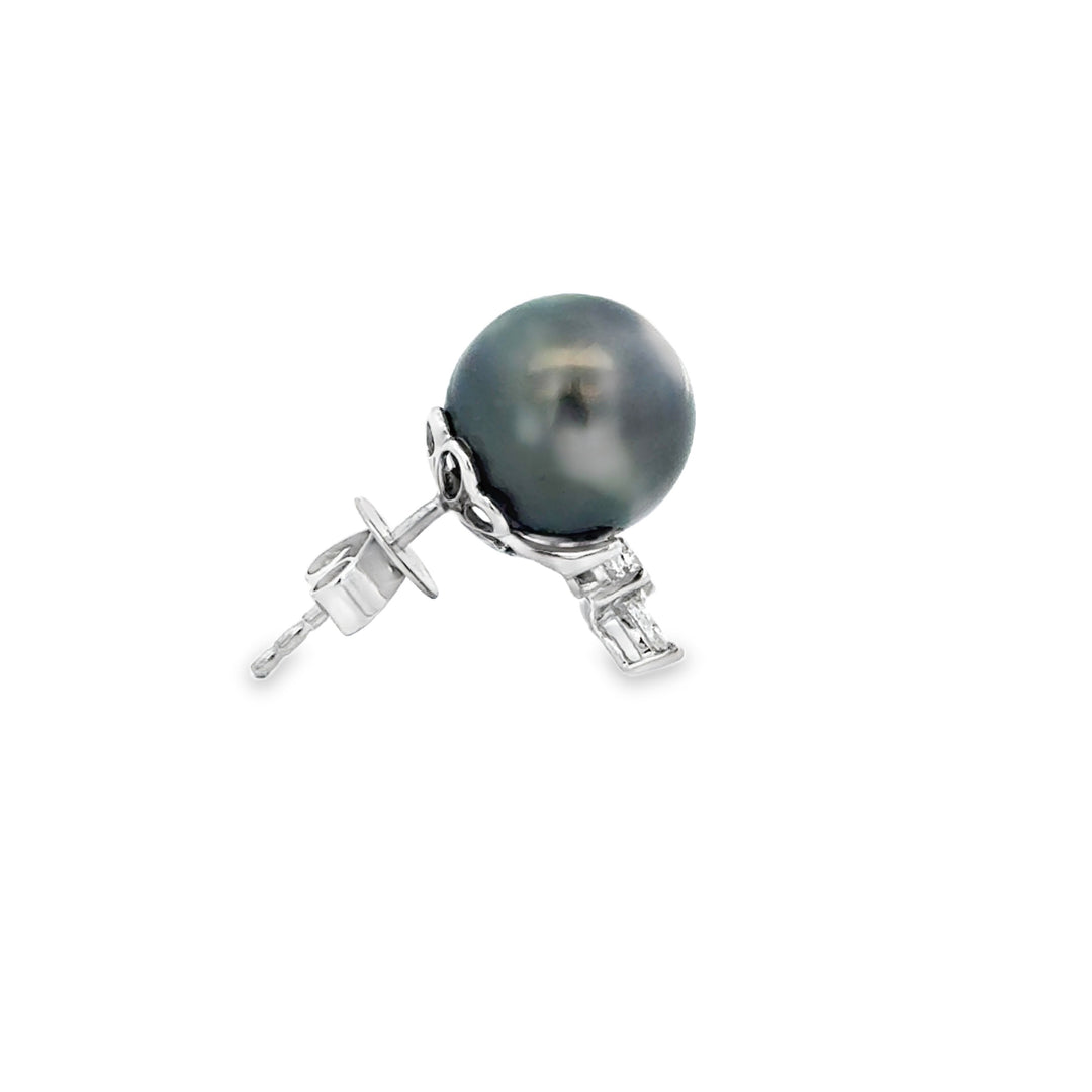 0.54 CTW Diamond and 11mm Black Tahitian Pearl Earrings in 18K White Gold