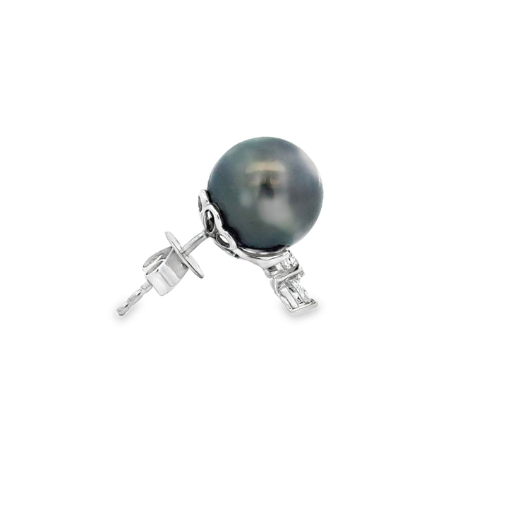 0.54 CTW Diamond and 11mm Black Tahitian Pearl Earrings in 18K White Gold