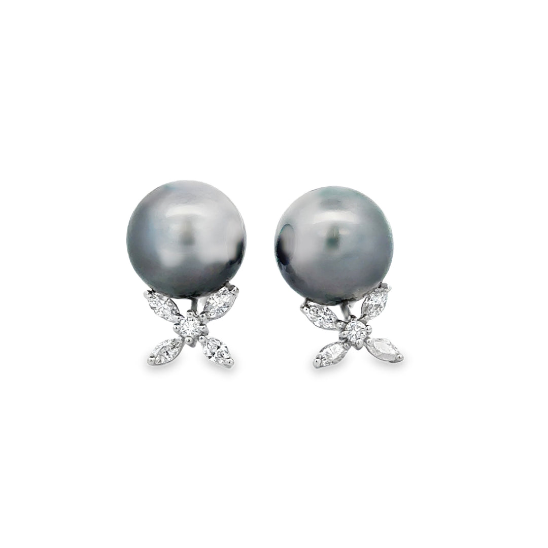 0.54 CTW Diamond and 11mm Black Tahitian Pearl Earrings in 18K White Gold