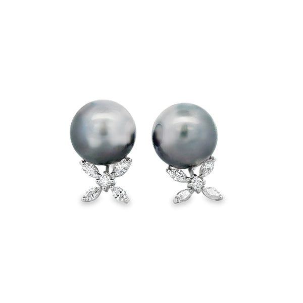 0.54 CTW Diamond and 11mm Black Tahitian Pearl Earrings in 18K White Gold