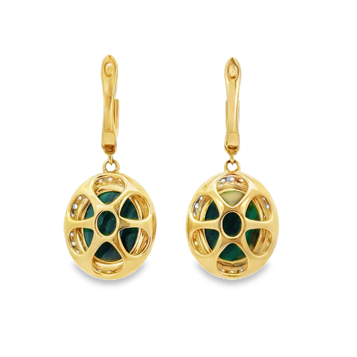 8.46 CTW Malachite and 0.50 CTW Diamond Halo Drop Earrings in 14K Yellow Gold