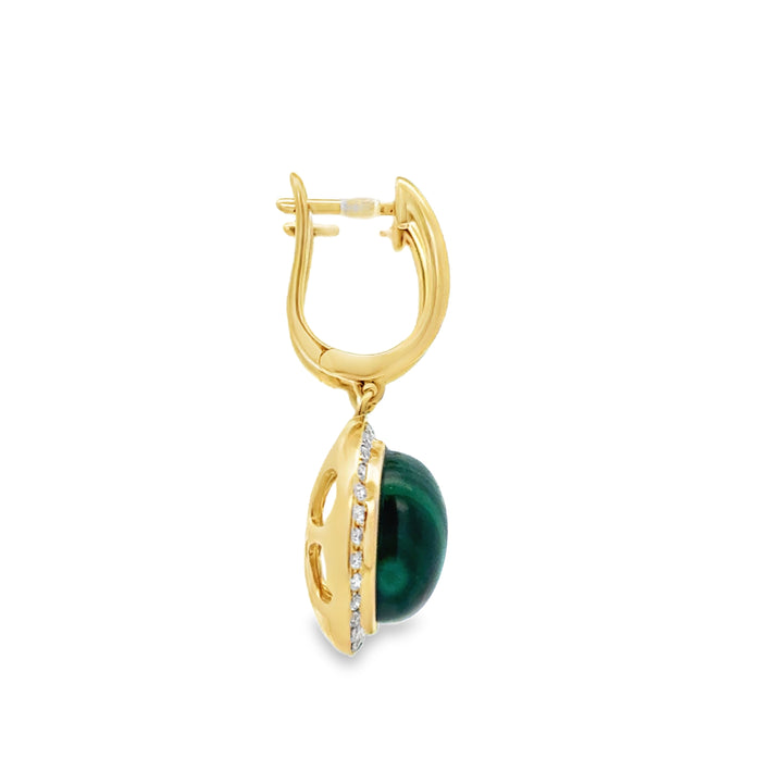 8.46 CTW Malachite and 0.50 CTW Diamond Halo Drop Earrings in 14K Yellow Gold