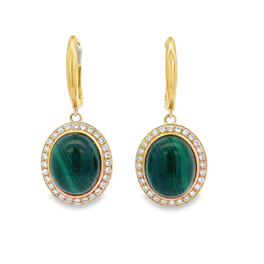 8.46 CTW Malachite and 0.50 CTW Diamond Halo Drop Earrings in 14K Yellow Gold