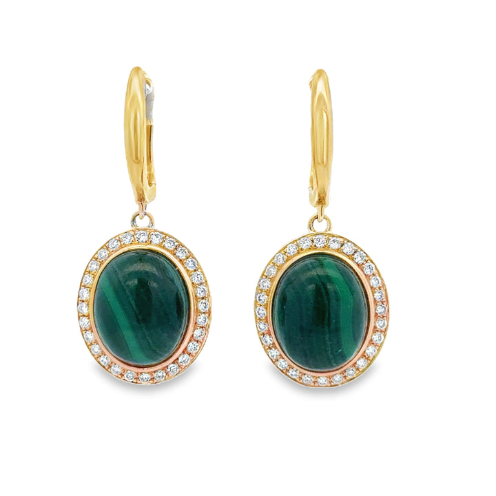 8.46 CTW Malachite and 0.50 CTW Diamond Halo Drop Earrings in 14K Yellow Gold