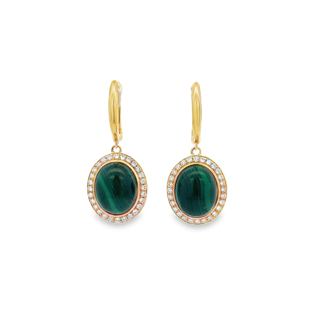 8.46 CTW Malachite and 0.50 CTW Diamond Halo Drop Earrings in 14K Yellow Gold