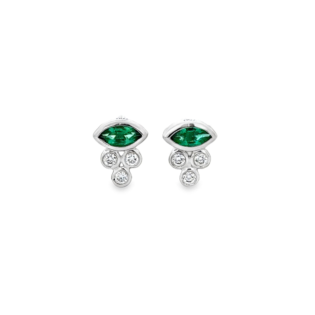 0.23 CTW Marquise Emerald and 0.082 CTW Diamond Stud Earrings in 18K White Gold