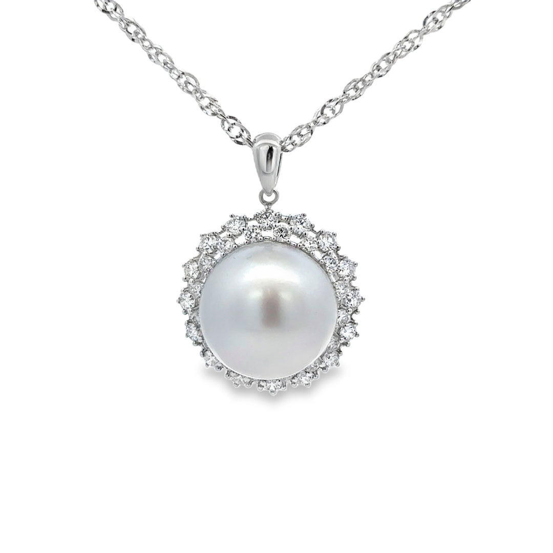 14MM South Sea Pearl 1.06 CTW Diamond 18K White Gold Pendant Necklace