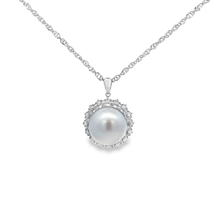 14MM South Sea Pearl 1.06 CTW Diamond 18K White Gold Pendant Necklace