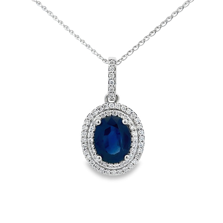 1.97 CT Sapphire 0.31 CTW Diamond 14K White Gold Halo Pendant Necklace